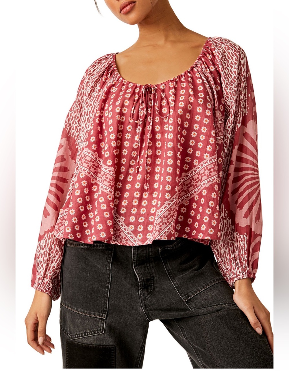 Free People Elena Printed Boho Balloon Sleeve Cotton Long Sleeve Top Size S